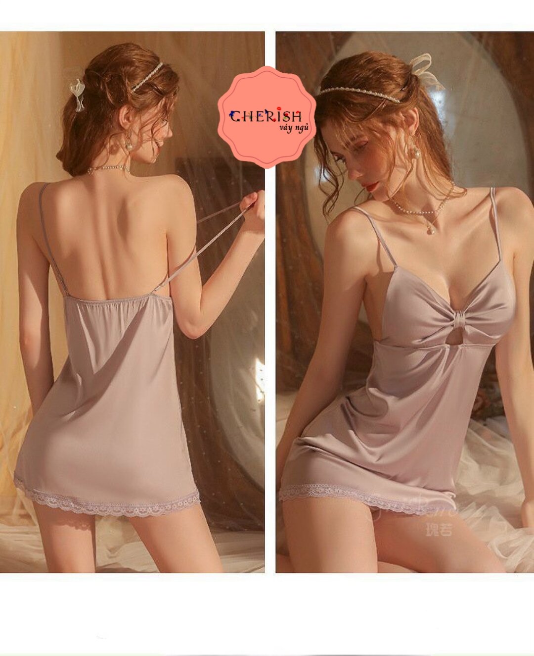 M155 Váy ngủ lụa , Đầm hai dây , Hàng Quảng Châu cao cấp lụa ren cực mềm mịn