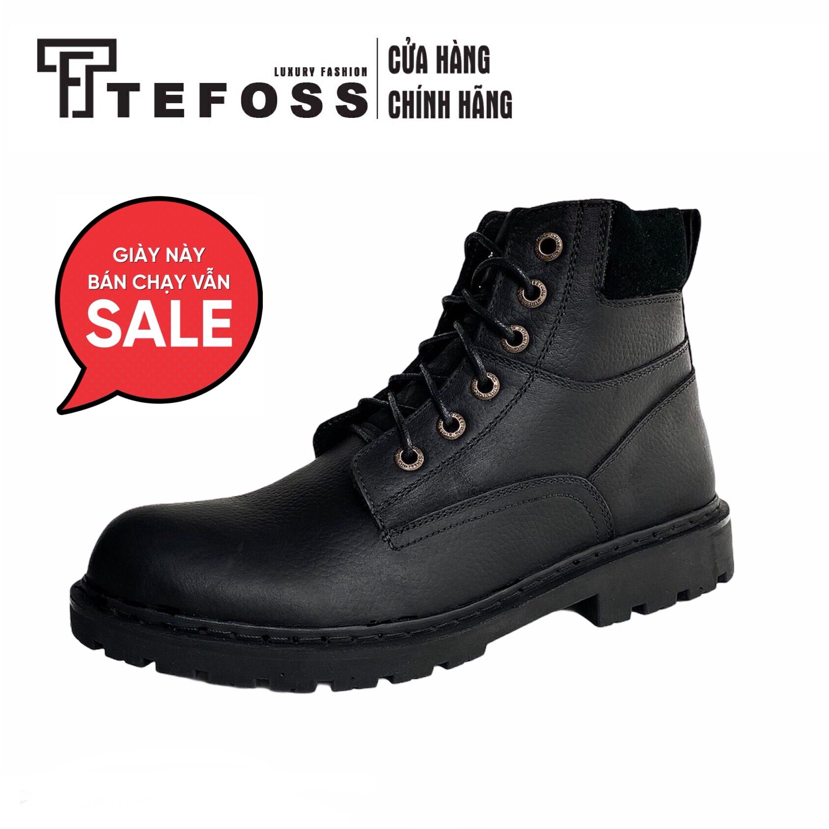 Giày Boots Nam Cao Cổ Buộc Dây Da Bò Thật Nguyên Tấm  TEFOSS HN612 Đen