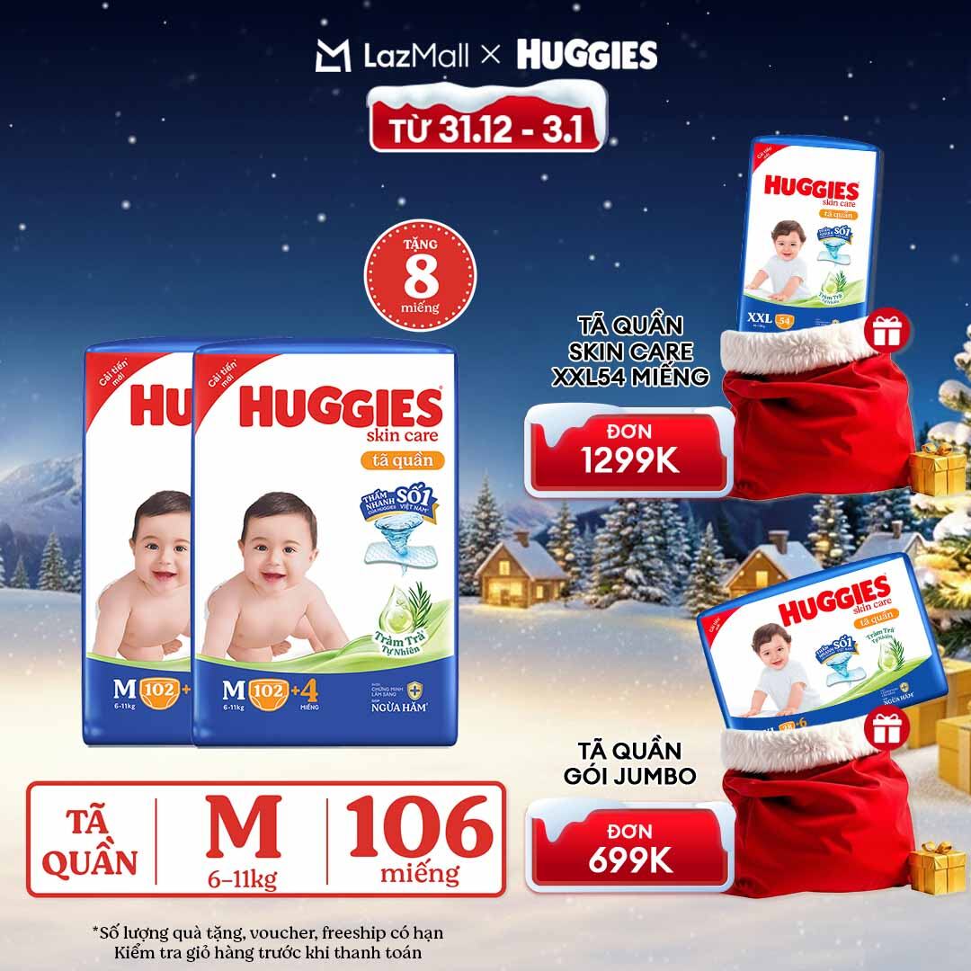   CHỈ 20h 31.12-03.01 GIẢM THÊM 90K    Combo 2 Gói Tã bỉm quần HUGGIES SKINCARE MEGA JUMBO size M102+4 miếng 
