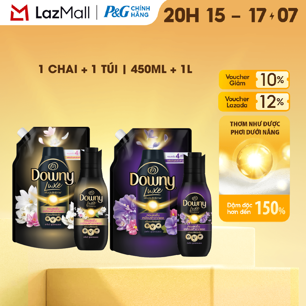 Combo Chai kèm Túi Nước Xả Vải Downy Lux Hương Harmony/ Mystique - Chai 450ML & Túi 1L