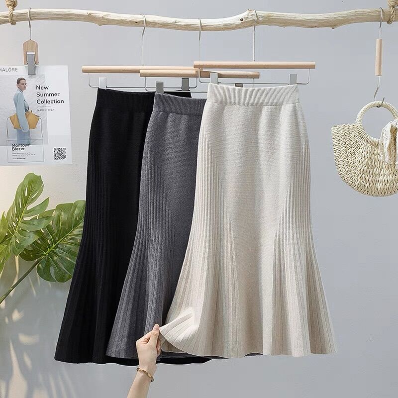 Chân váy len đuôi cá xếp nếp eo cao