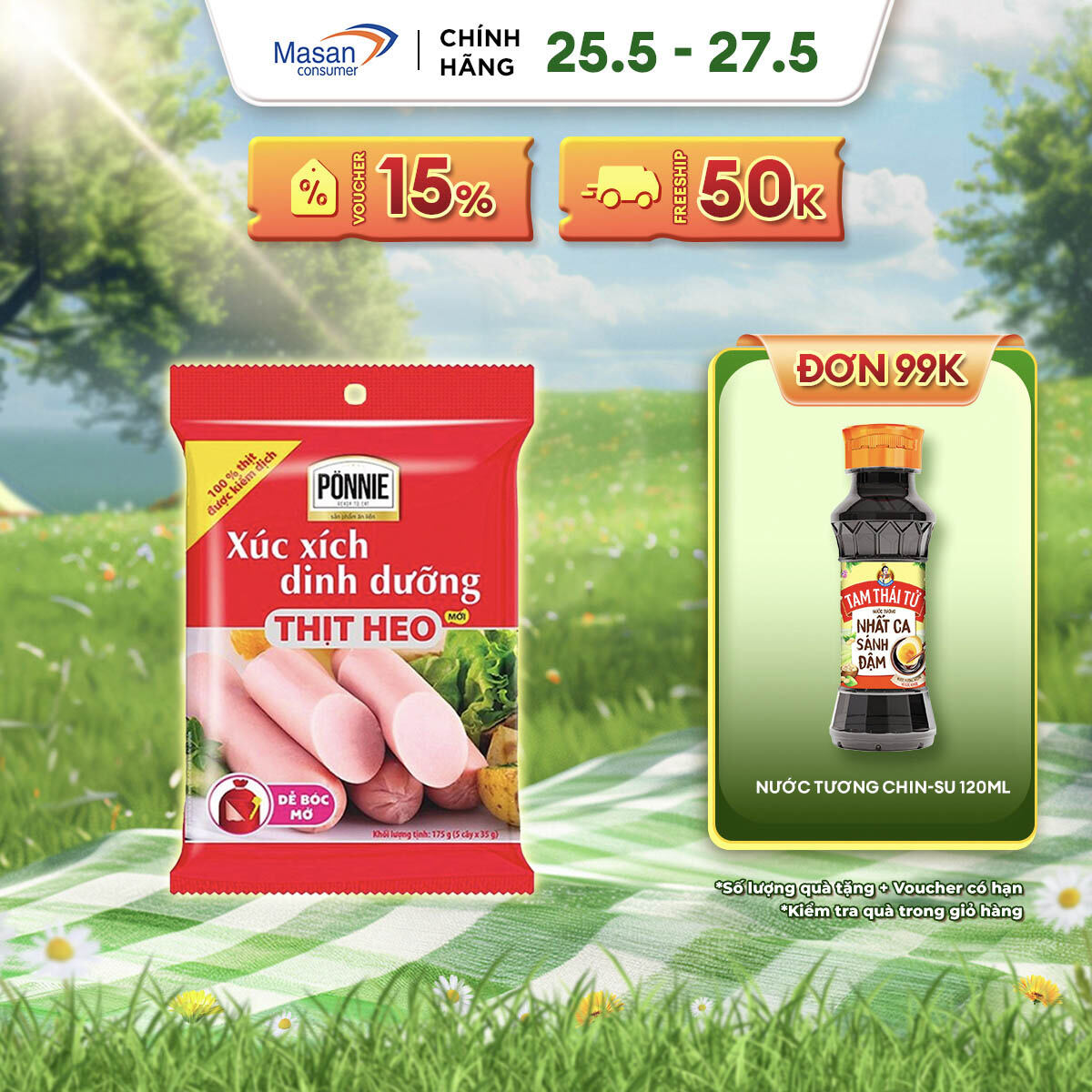 [25-27.5 Voucher 18% CHO ĐƠN TỪ 199k] Xúc Xích Tiệt Trùng Ponnie Vị Heo Gói 70g