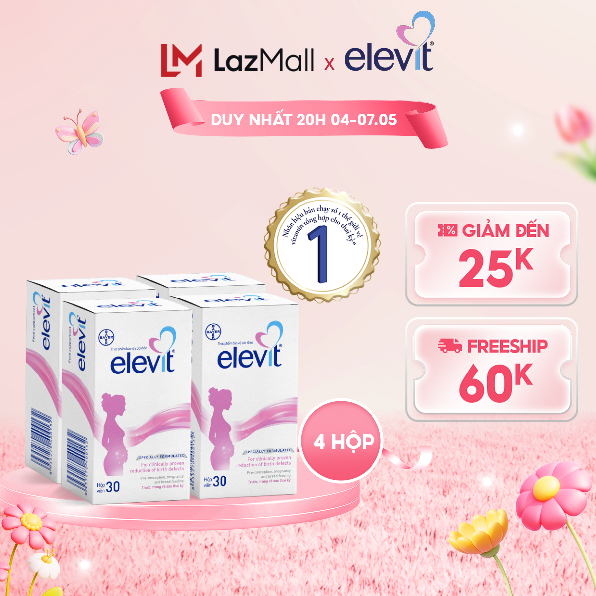 Bộ 4 Hộp Vitamin Bầu Tổng Hợp Elevit Cho Phụ Nữ Trước Trong và Sau Thai Kỳ (30 Viên/ Hộp)