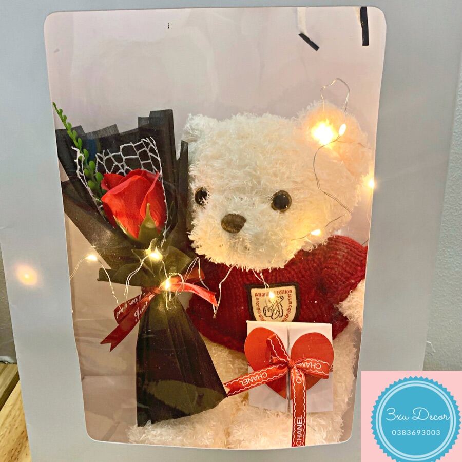 Gấu bông kèm hoa,túi xách, thiệp và đèn nháy quà tặng sinh nhật bạn gái
