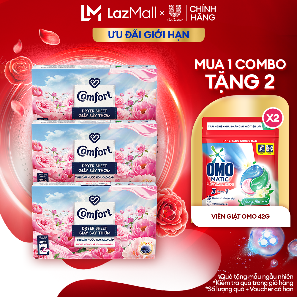 Combo 3 Hộp Giấy Thơm Comfort Hương Mẫu Đơn Và Hoa Hồng Ohara 40 tờ/hộp, Dành Cho Máy Sấy Quần Áo, Tủ Quần Áo