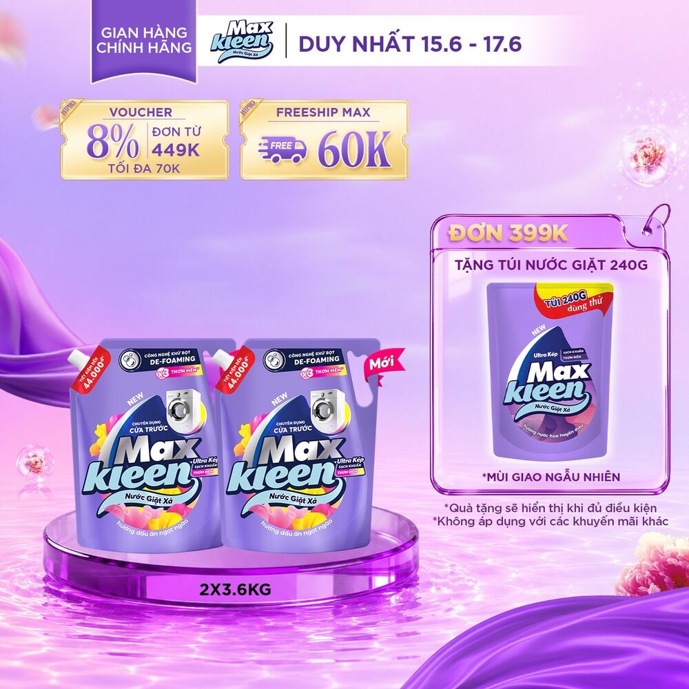 Combo 2 Nước giặt cho máy giặt cửa trước MaxKleen hương Dấu Ấn Ngọt Ngào 3.6kg
