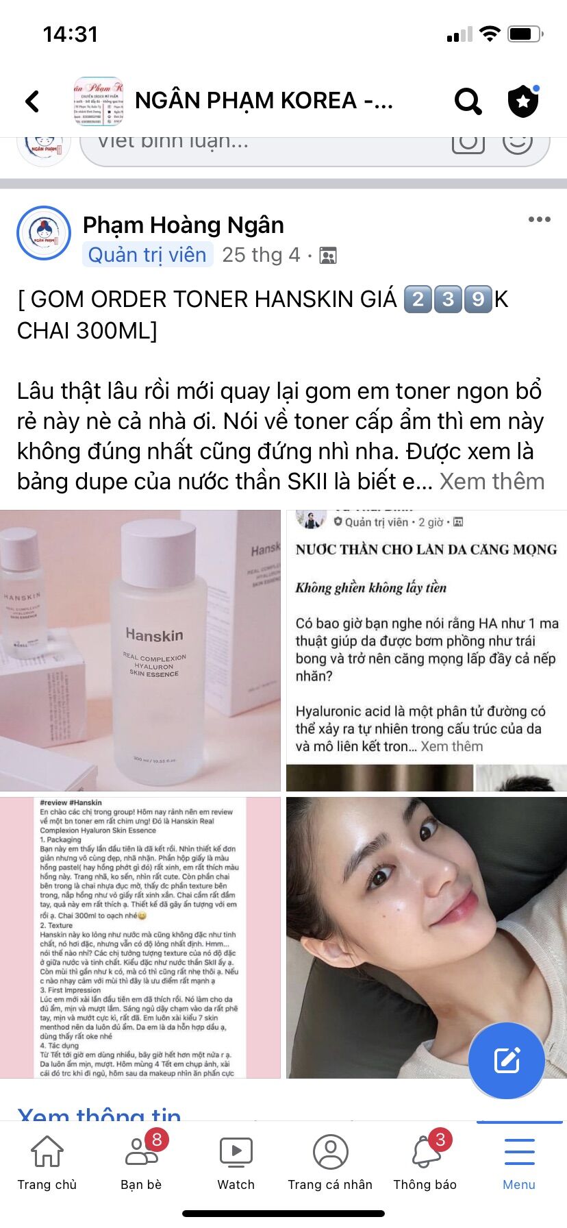 Toner Cấp Ẩm Hanskin Hyaluron Skin Essence 300ml