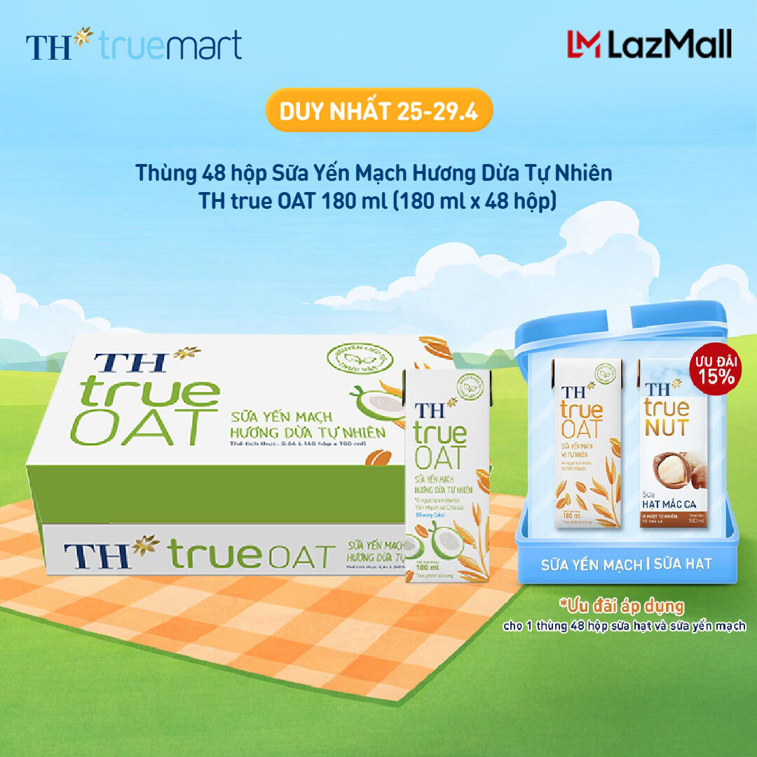 Thùng 48 hộp Sữa Yến Mạch Hương Dừa Tự Nhiên TH true OAT 180ml (180 ml x 48)