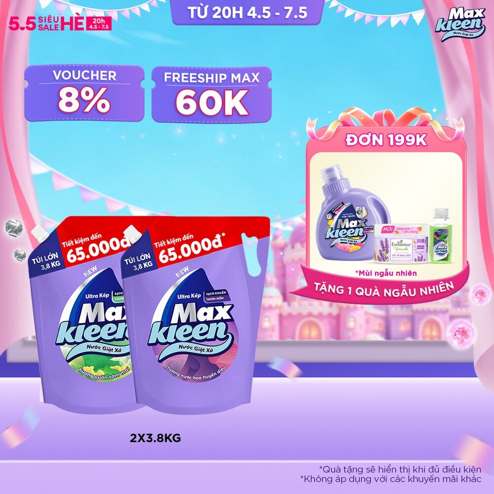 Combo Túi Nước Giặt Xả MaxKleen Hương Huyền Diệu Túi 3.8kg + Hương Vườn Sớm Mai 3.8kg