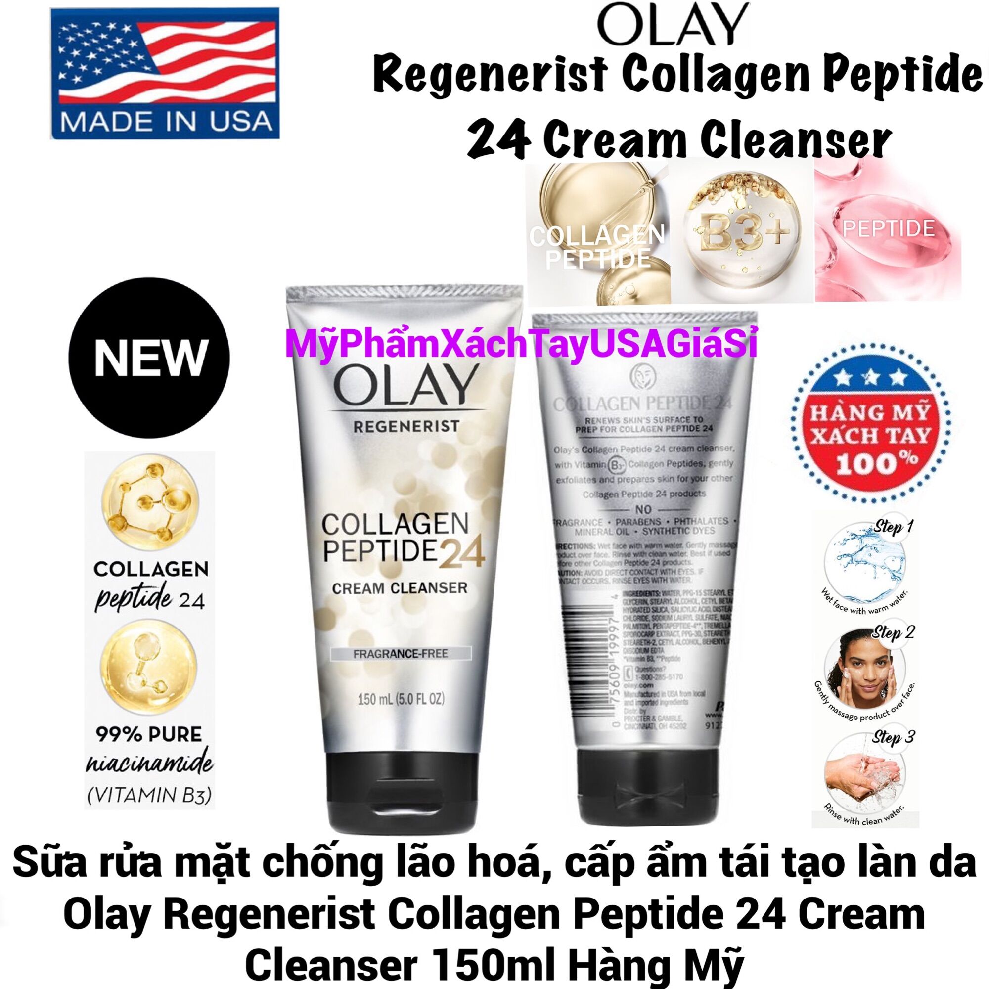Sữa rửa mặt Olay Regenerist Collagen Peptide 24 Cream Cleanser 150ml Hàng Mỹ