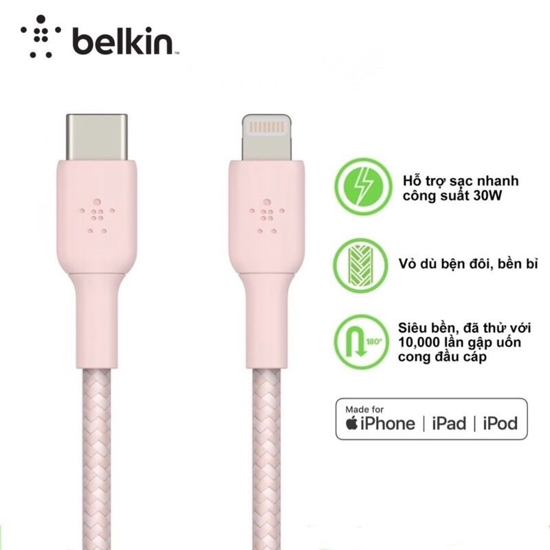 Cáp belkin type c to lightning bọc dù belkin boostcharge f8j280 30w