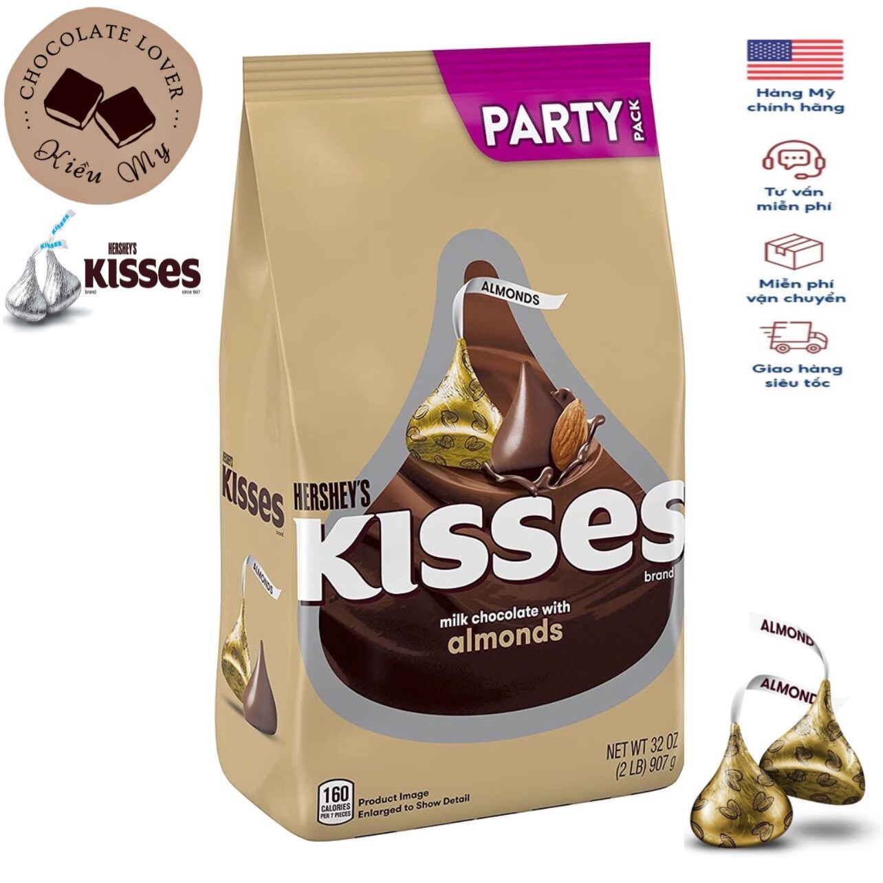 HOT [Date 09/23] Kẹo Socola Mỹ Hershey's Kisses nhân hạnh nhân túi vàng 907g _ Bill Mỹ, bay Air