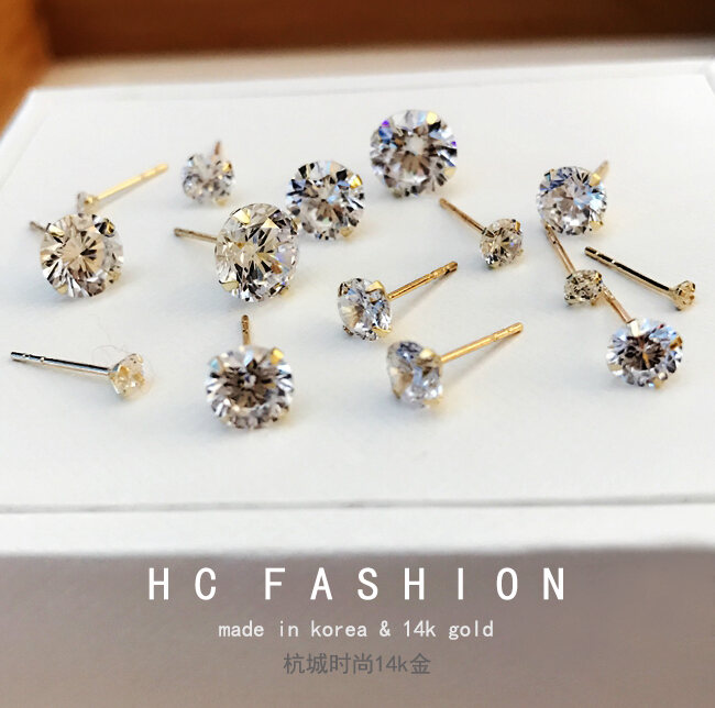 Hoa Tai Vàng 14K 10K Thịnh Hành Hàn Quốc Trang Sức Đeo Tai Ngọt Ngào Hoa Tai Đinh Xương Tai Đá Zircon Sáng Lấp Lánh Ngôi Sao Nam Nữ Một Chiếc