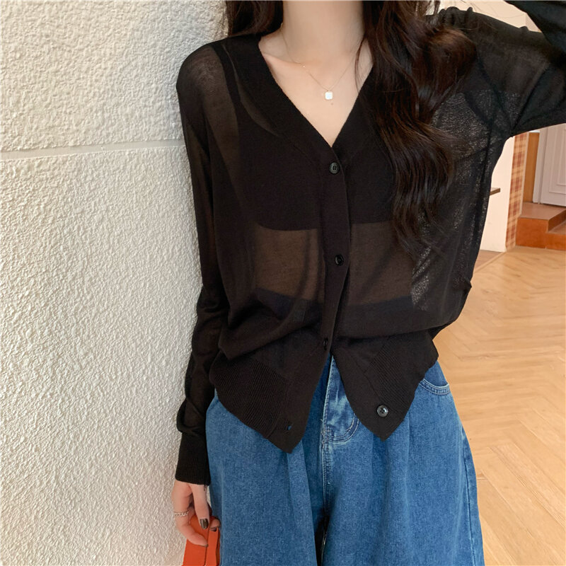 Áo Cardigan Chống Nắng Cổ Chữ V Màu Đen Áo Dệt Kim Vải Viscose Choàng Vai Phối Bên Ngoài Mẫu Mỏng Mùa Hè Dài Tay Cho Nữ Áo Khoác Đầu Xuân Tôn Dáng Gầy