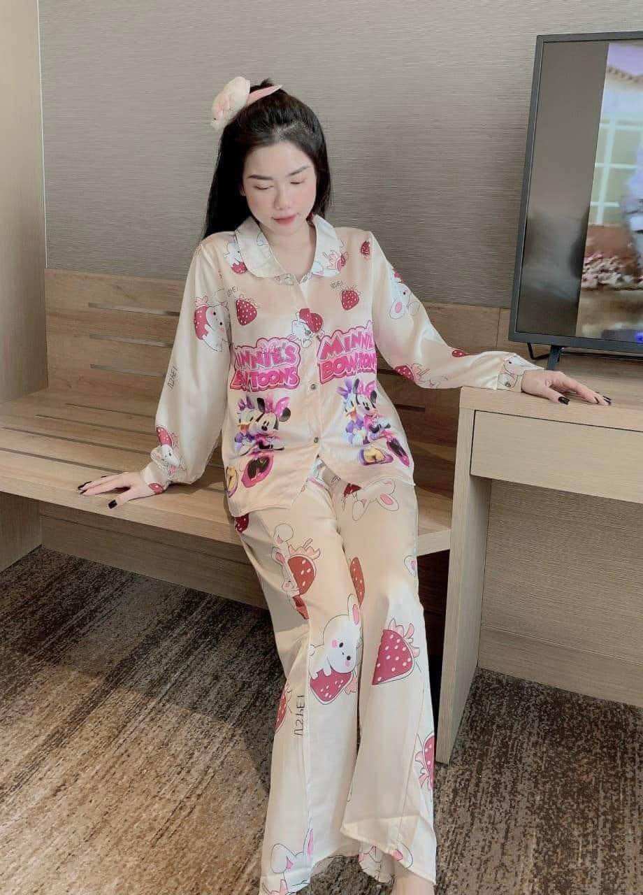 Bộ pijama tay dài quần dài, lụa Satin quảng châu, mềm mịn mát mướt