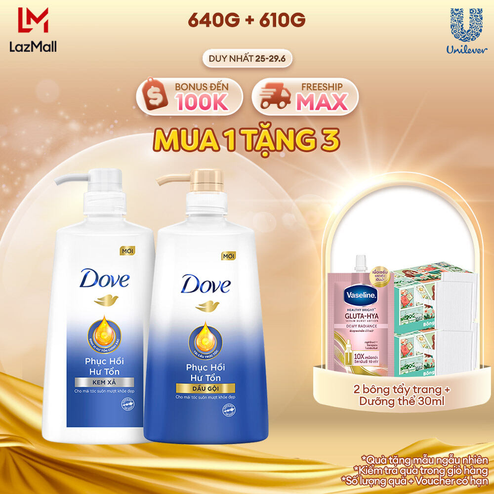Combo Dầu gội, Kem xả phục hồi tóc Dove Phục Hồi Hư Tổn cho tóc suôn mượt, khỏe đẹp 640g, 610g