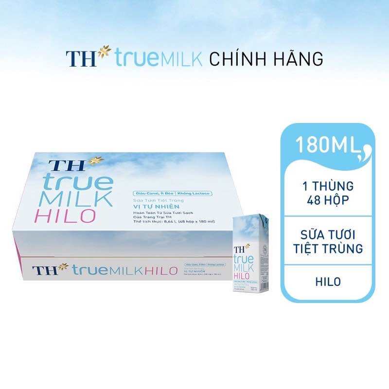 TH*true MILK HILO Thùng 48 hộp 180ml Sữa tươi tiệt trùng Vị tự nhiên, Giàu Canxi, Ít béo