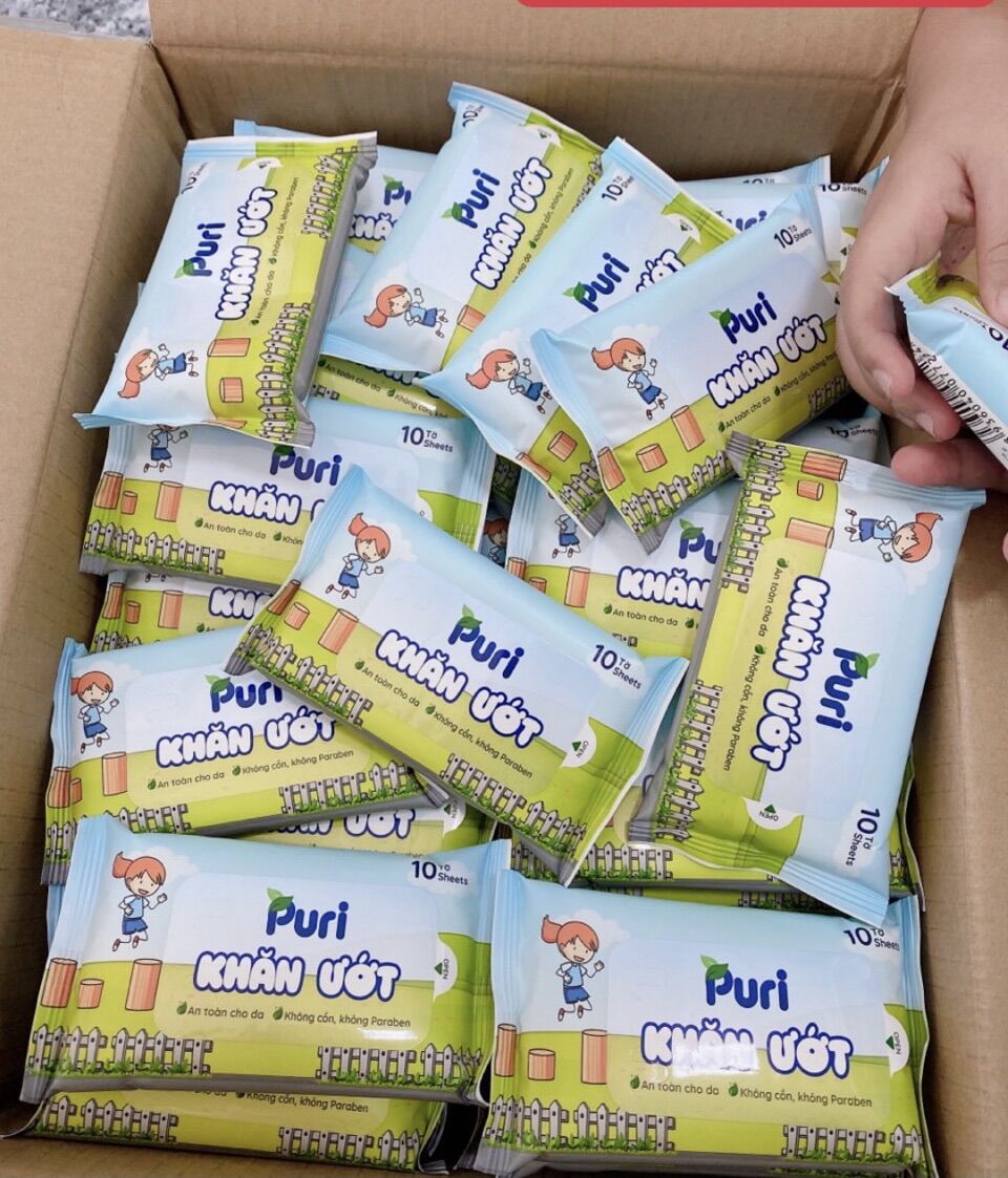Combo 10 gói Khăn Ướt Mini Puri - Không mùi - Siêu Mịn (Mỗi Gói 10 tờ)