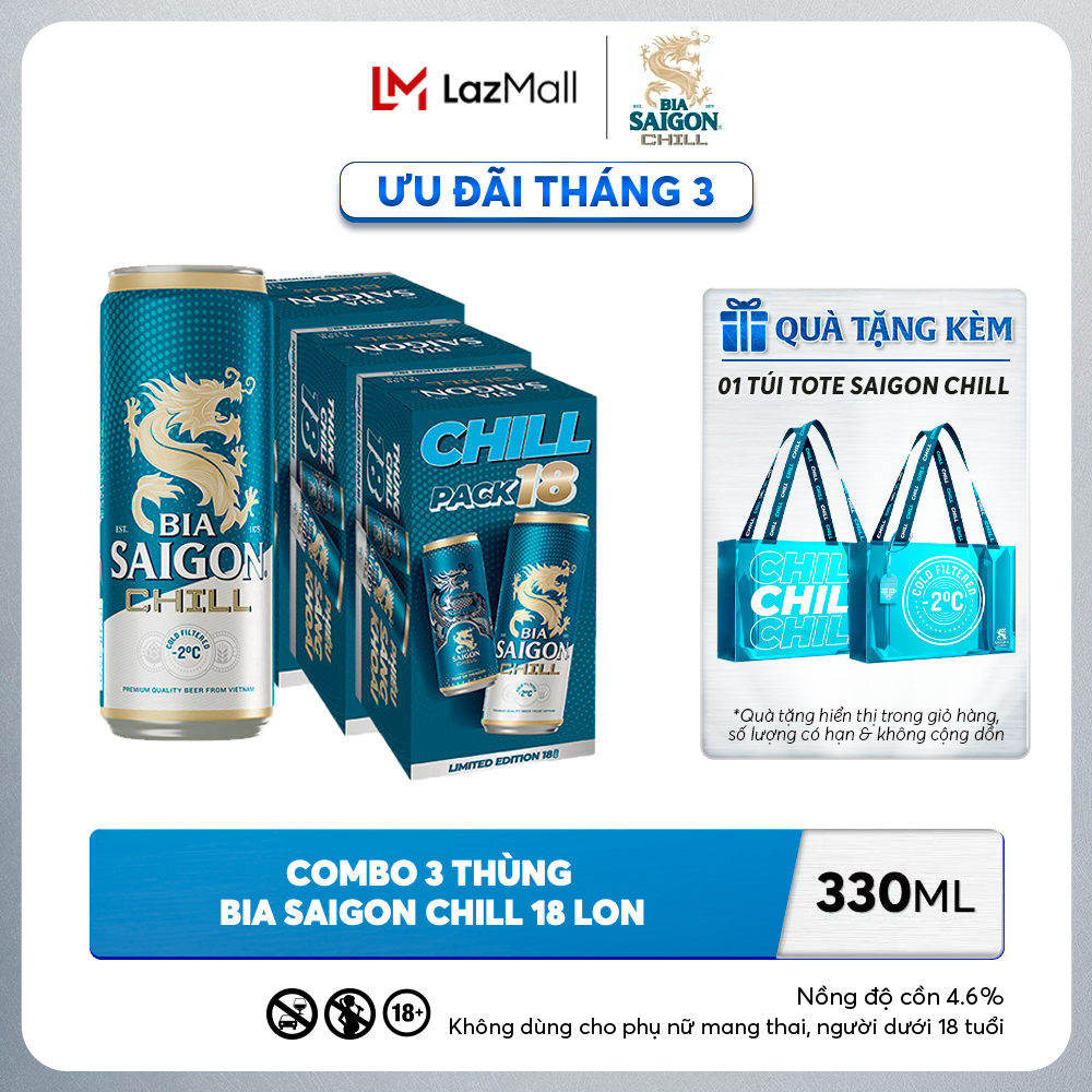 Nồng Độ Cồn 4.6% - Combo 3 Thùng 18 Lon Bia Sài Gòn Chill 330ml
