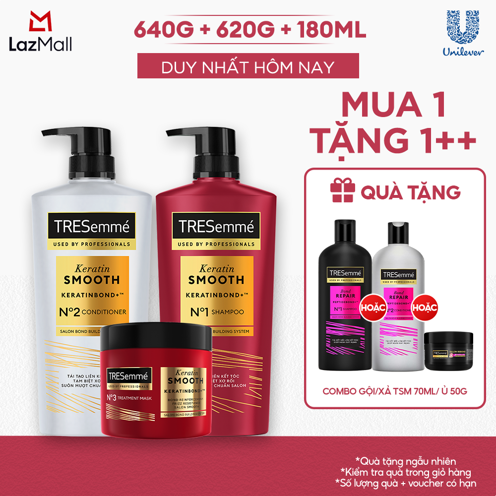 [TẶNG SẤY] Combo Dầu Gội, Dầu Xả, Kem Ủ TRESemmé Keratin Smooth/ Bond Repair 640g, 620g, 180ml Cho Tóc Hư Tổn Giúp Vào Nếp Suôn Mượt/ Ngăn Gãy Rụng