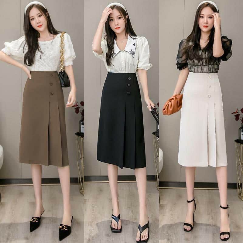 Chân váy công sở dáng dài 3 khuy khoá sau