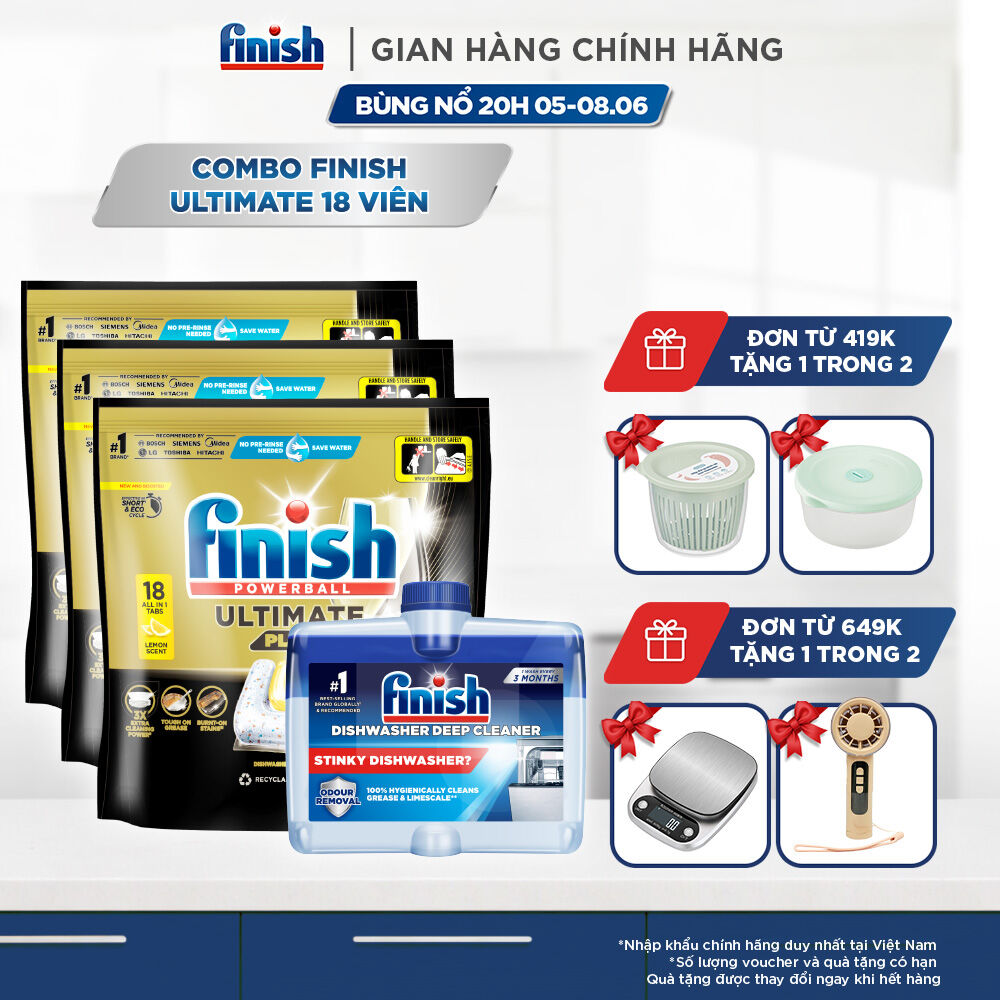 Combo 3 Túi Rửa Chén Bát Finish Powerball Ultimate Plus Intensive Lemon Sparkle 18 Viên + Dung Dịch Vệ Sinh Máy Finish 250ml