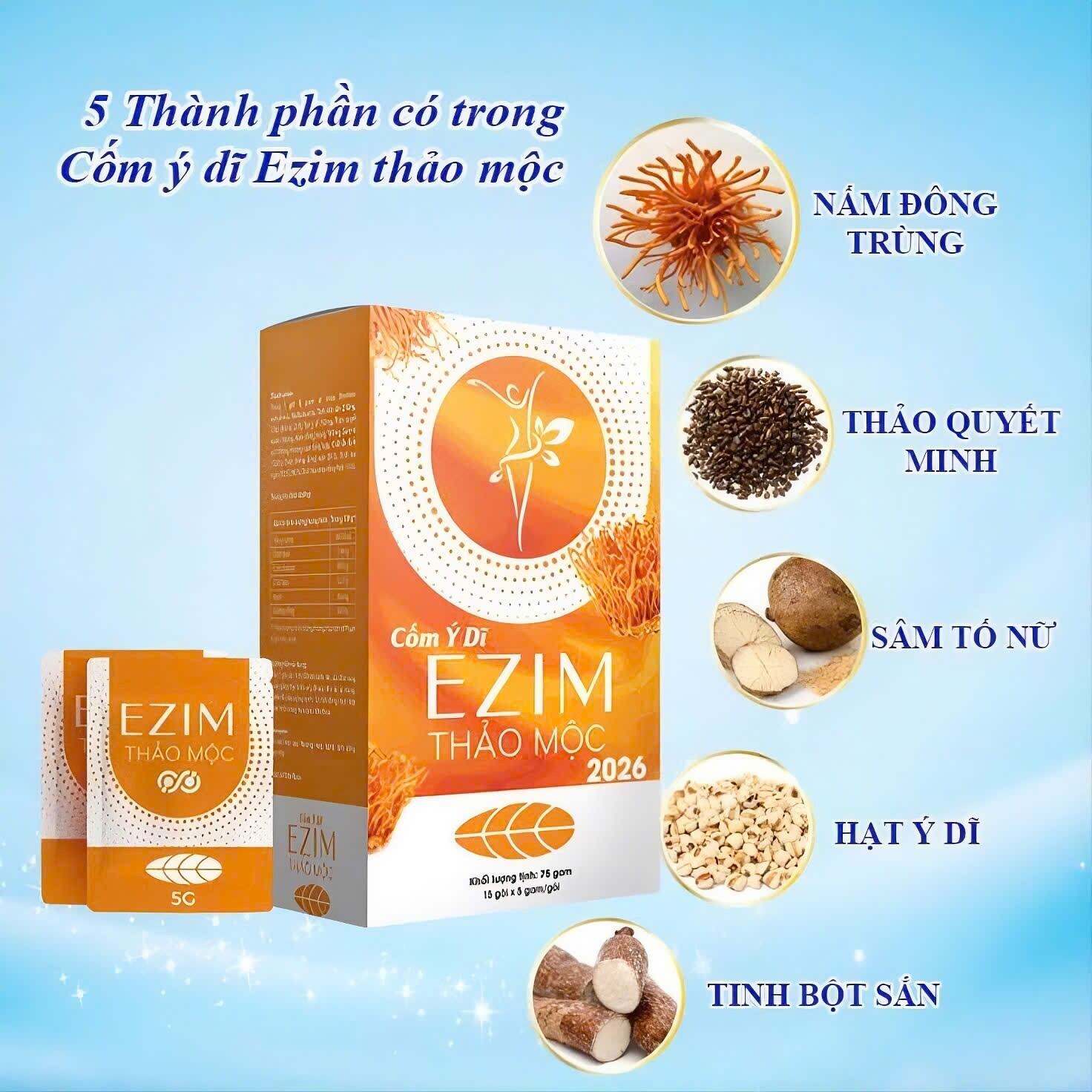 4 hộp Thảo mộc giảm cân Ezim 2026 - 5 thành phần tự nhiên: nam đông trùng, thảo quyết minh, sâm tố nữ, hạt ý dĩ, tinh bột sắn.