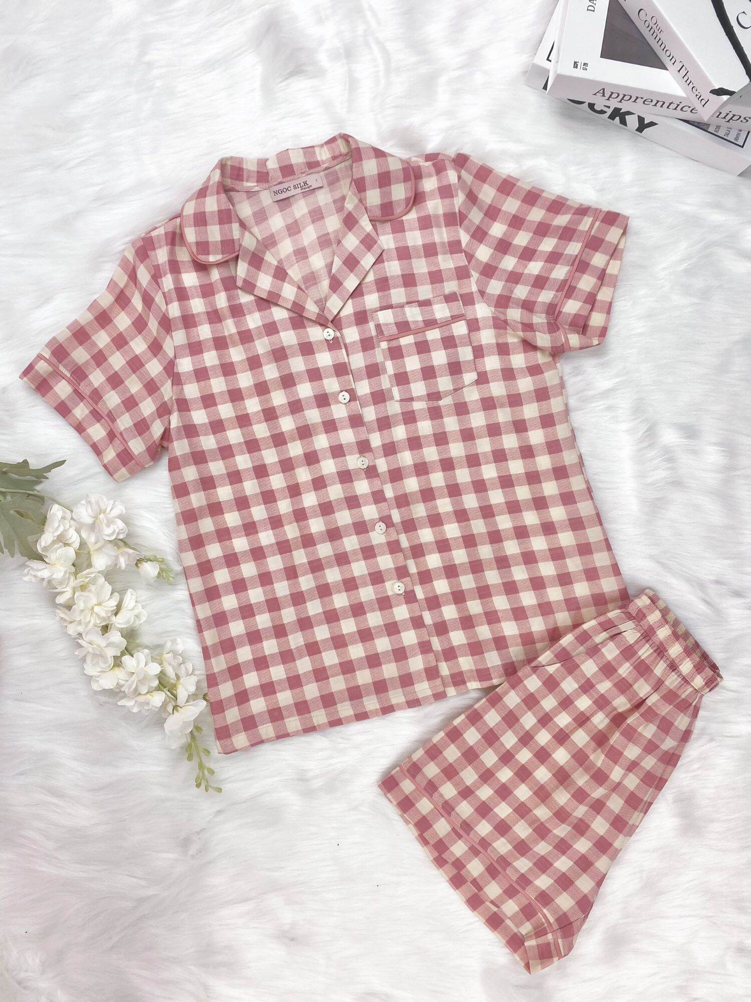 Bộ đồ nữ mặc nhà pijama quần đùi NGOCSILK cộc tay họa tiết kẻ caro xinh xắn X210