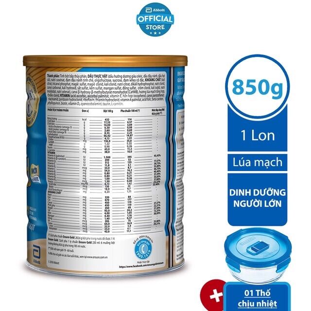 Sữa Bột Ensure Gold Lúa Mạch Tặng 1 Thố Thuỷ Tinh Luminarc 920ml