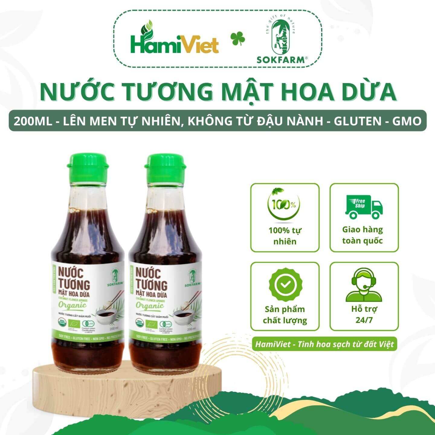 Nước tương mật hoa dừa organic Sokfarm 200ml dòng ít muối, không đậu nành, không gluten và chất bảo quản