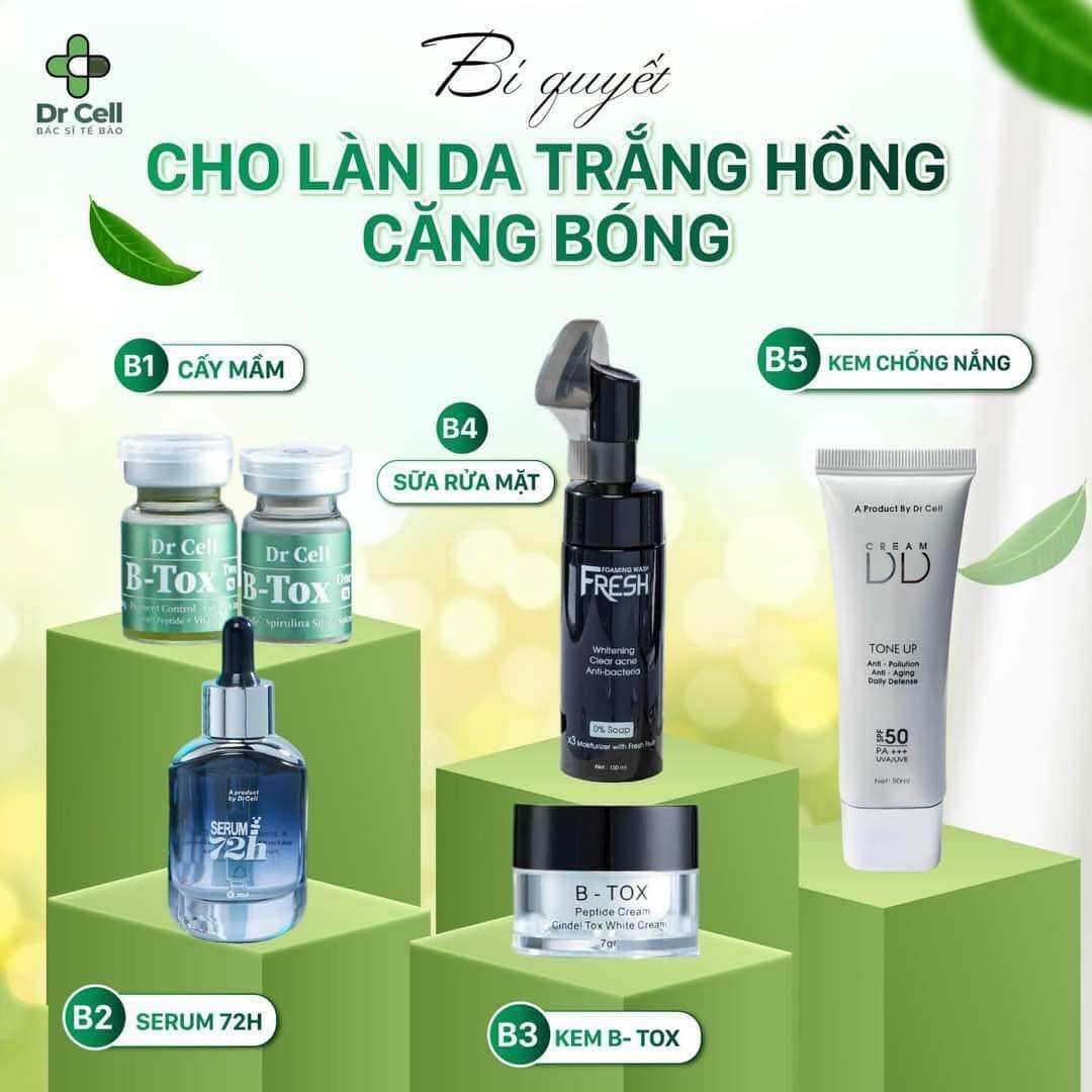 COMBO CHO LÀN DA TRẮNG HỒNG CĂNG BÓNG GỒM BỘ CẤY MẦM, SỮA RỬA MẶT, SERUM VÀ KEM CHỐNG NẮNG DD CREAM DR CELL