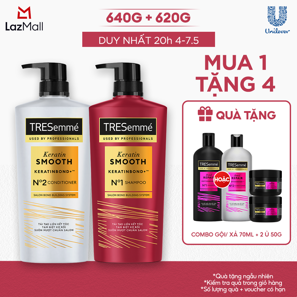 Combo Dầu Gội Và Dầu Xả TRESemmé Keratin Smooth Keratinbond+ Cho Tóc Khô Xơ Rối Vào Nếp Suôn Mượt 640g, 620g
