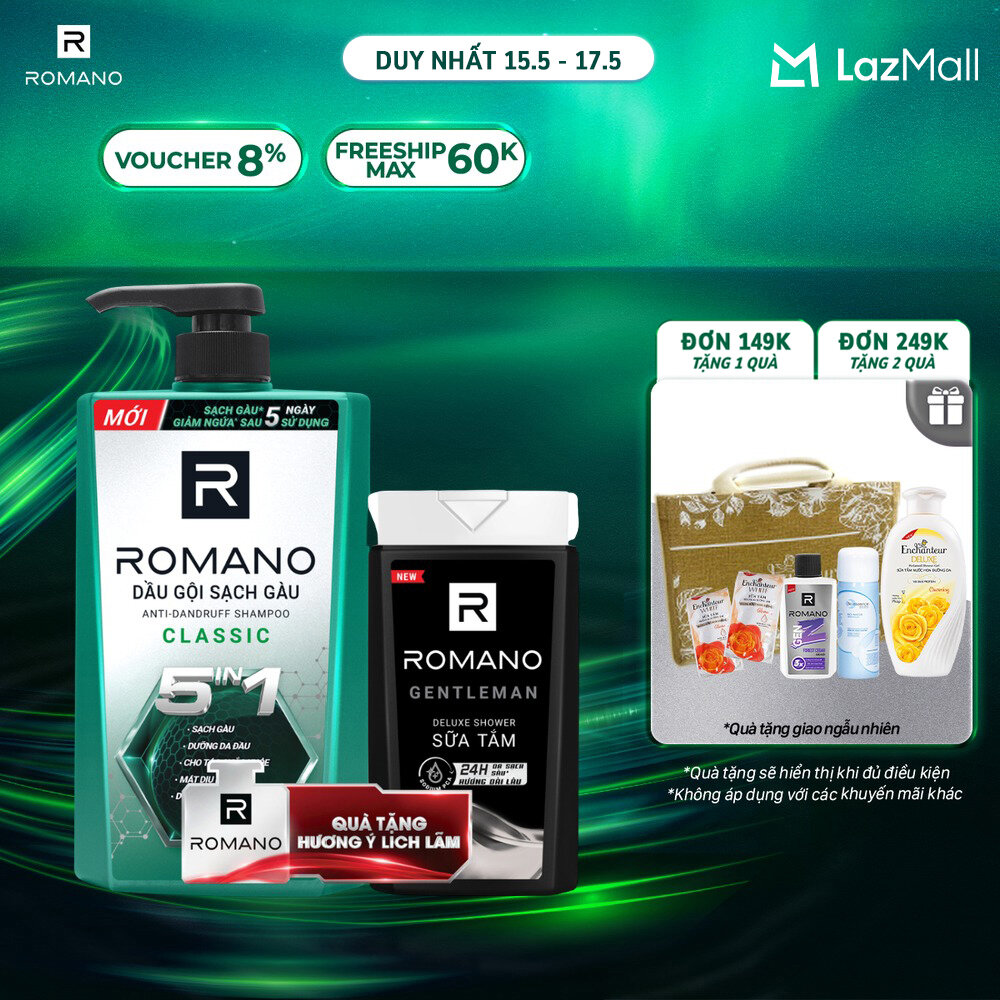Dầu gội Romano sạch gàu Classic 610g tặng sữa tắm nước hoa Gentleman 150g