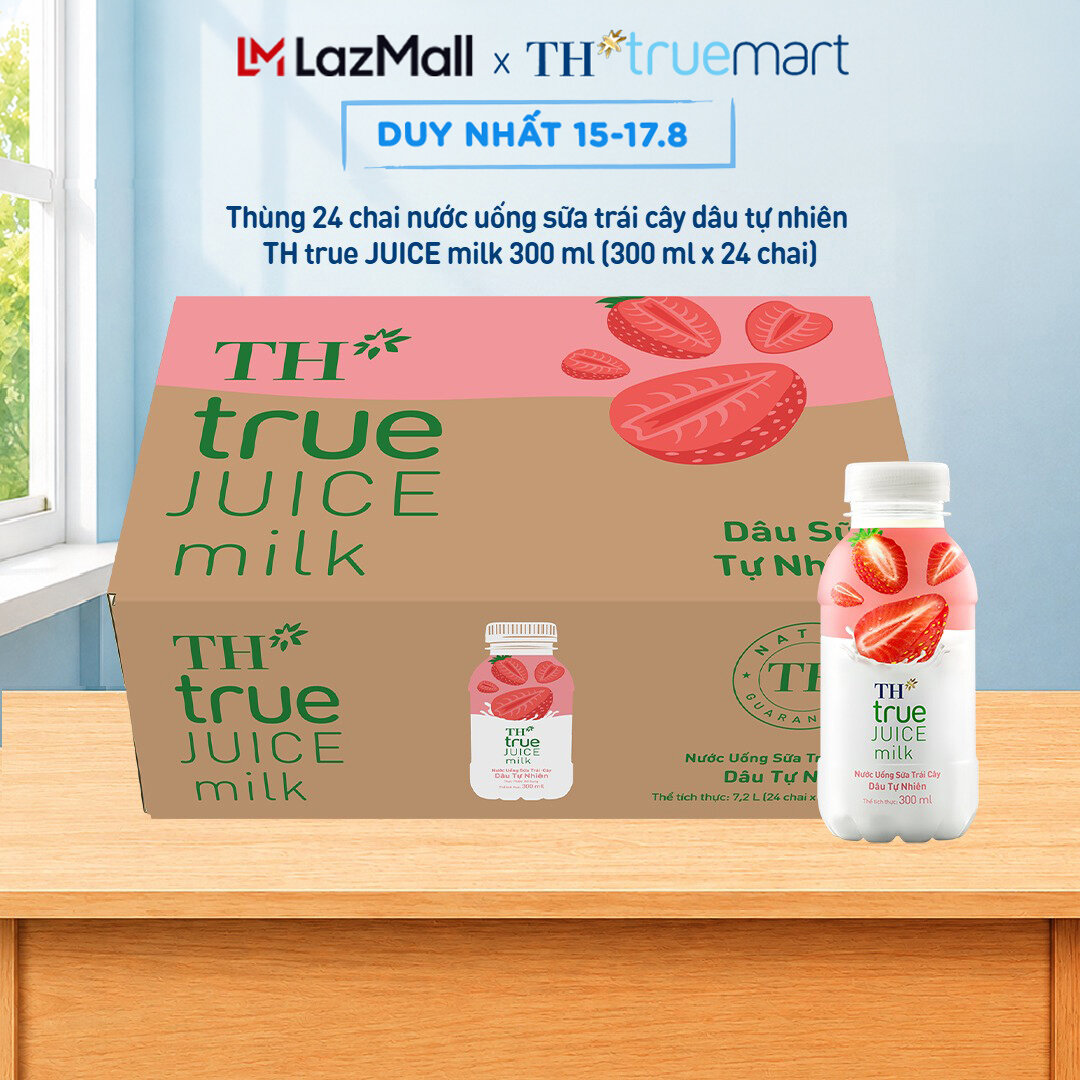 Thùng 24 chai nước uống sữa trái cây TH true JUICE milk dâu tự nhiên 300 ml (300 ml x 24)