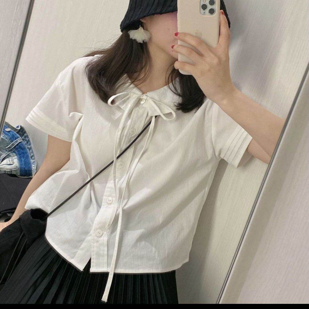 Áo sơ mi cộc tay buộc nơ ulzzang ảnh thật