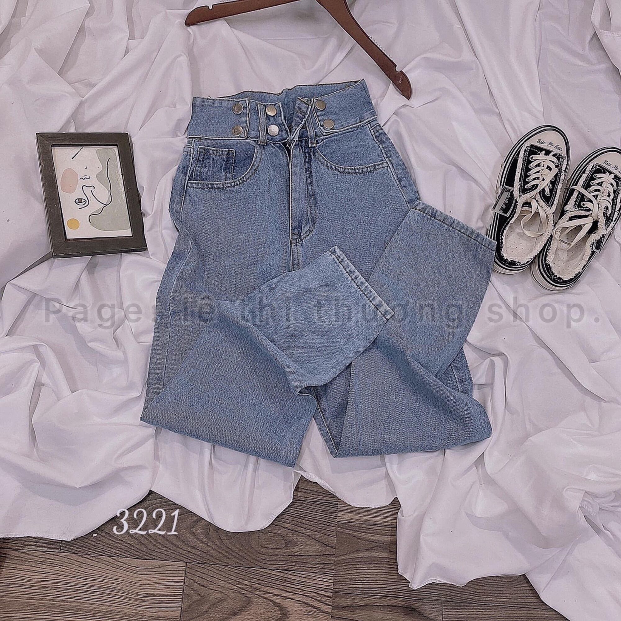 Baggy Jeans Lưng Cao 2 Nút Đai Nút