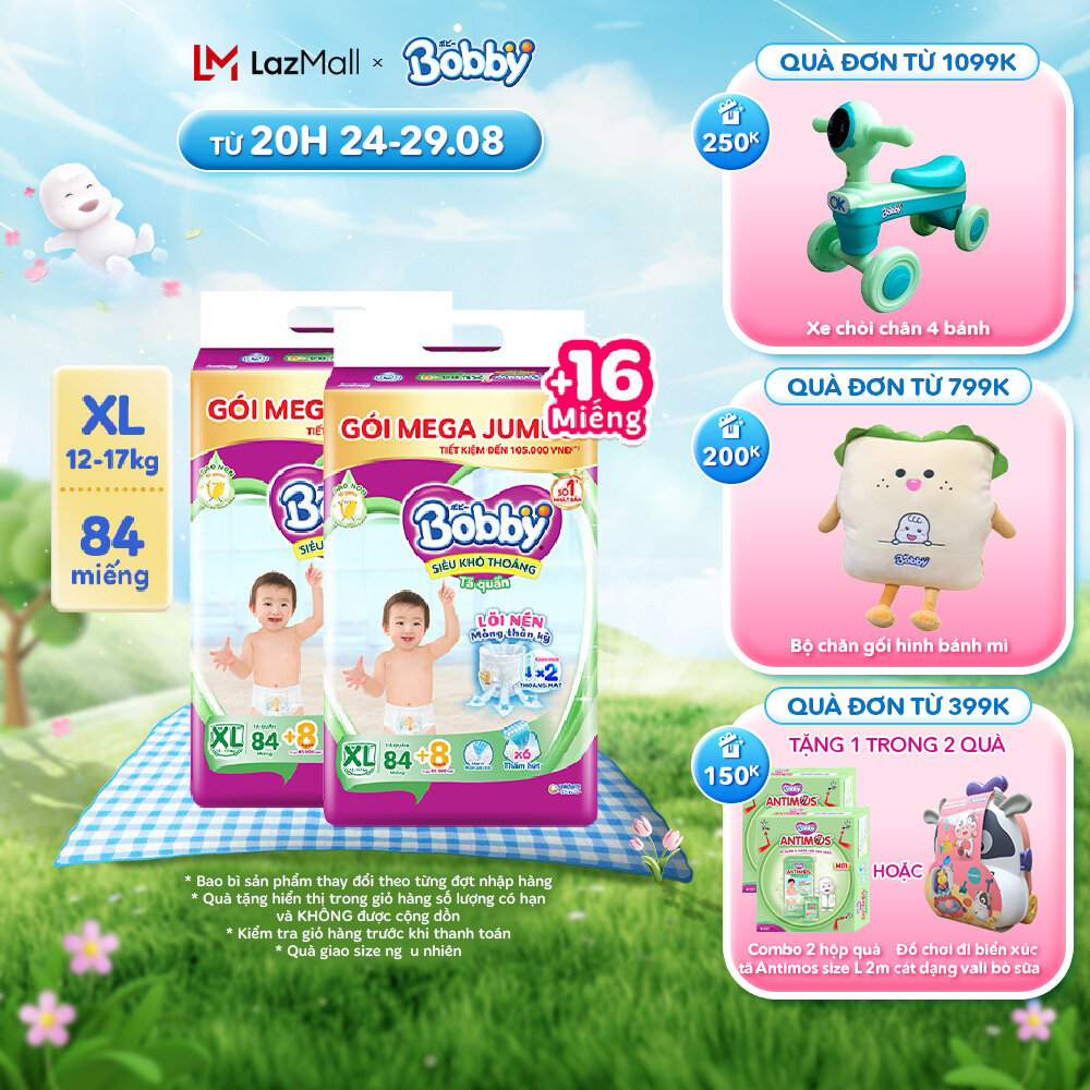 Combo 2 tã/bỉm quần bobby 3mm gạo non xl84