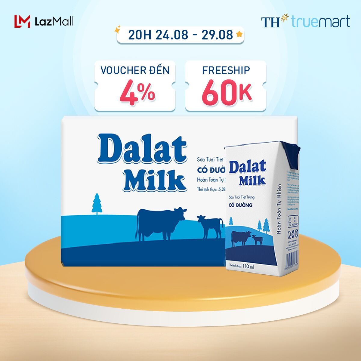 Thùng 48 hộp sữa tươi tiệt trùng Dalatmilk có đường 110 ml (110 ml x 48)
