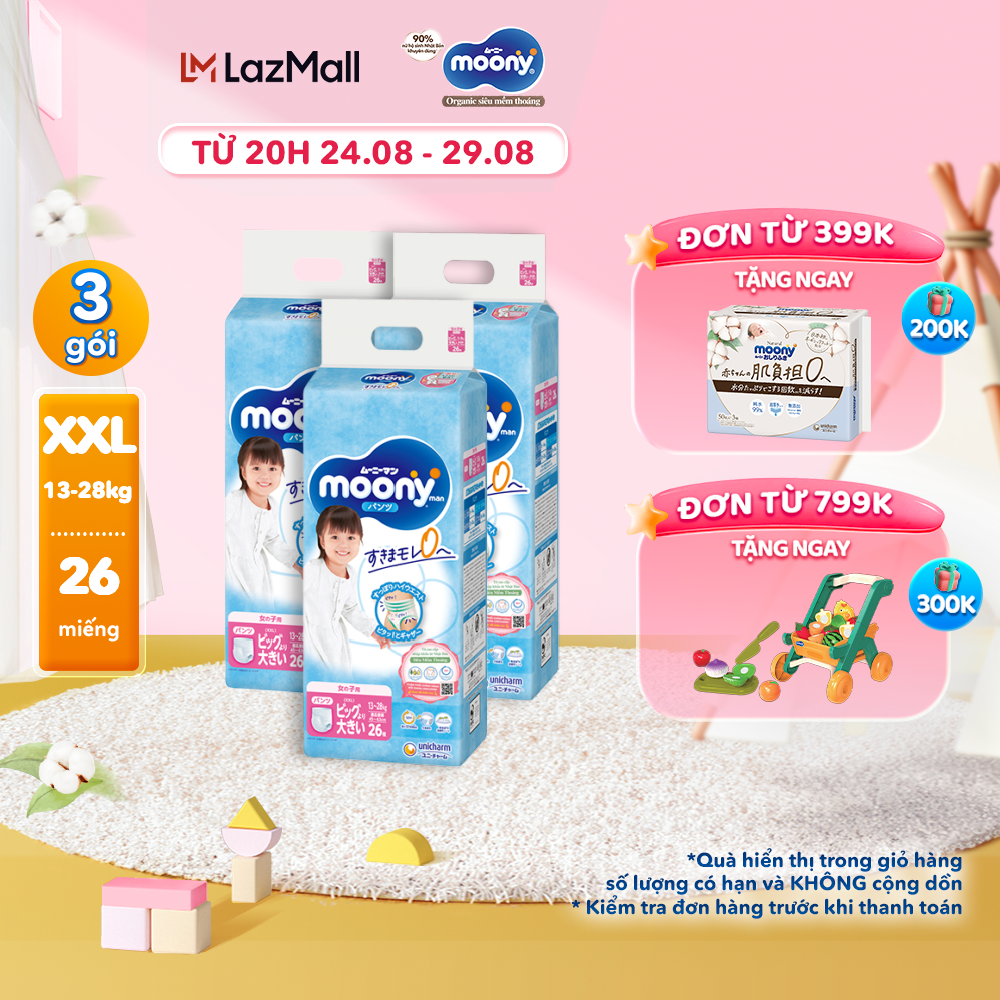 Combo 3 tã/bỉm quần cao cấp moony blue xxl26 bé gái