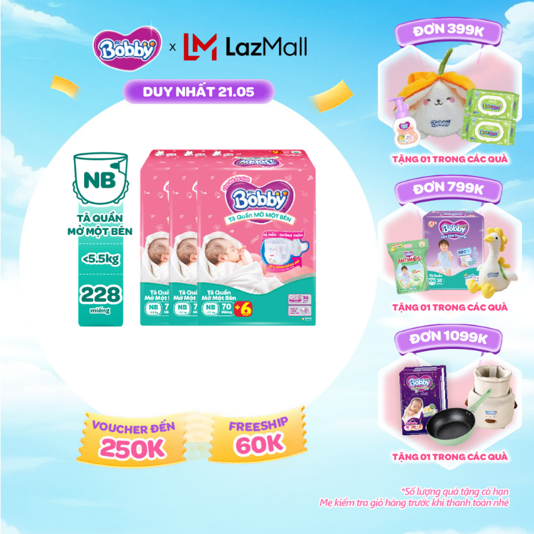 [SALE CUỐI THÁNG tặng QUÀ TO-SLCH][MỚI][TẶNG MIẾNG] Combo 3 gói tã quần mở một bên Bobby dành cho bé sơ sinh size NB70+6