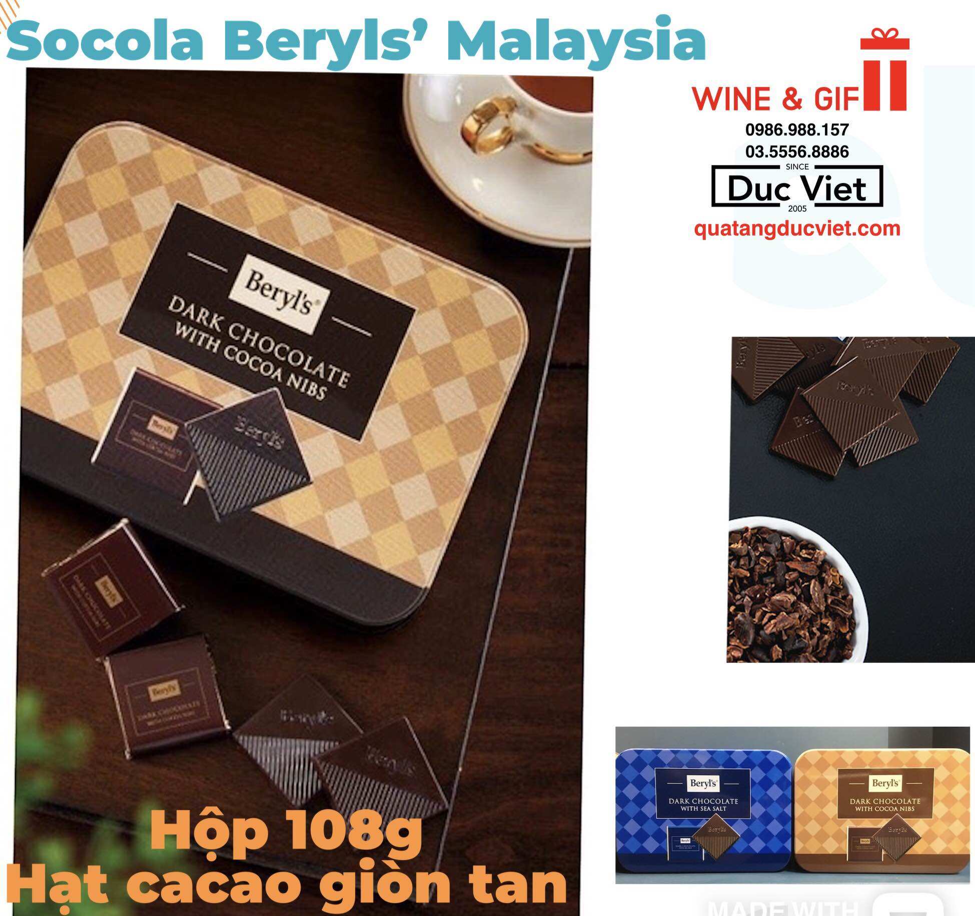 Socola Beryl’s Malaysia hộp 108G- hạt cacao giòn tan
