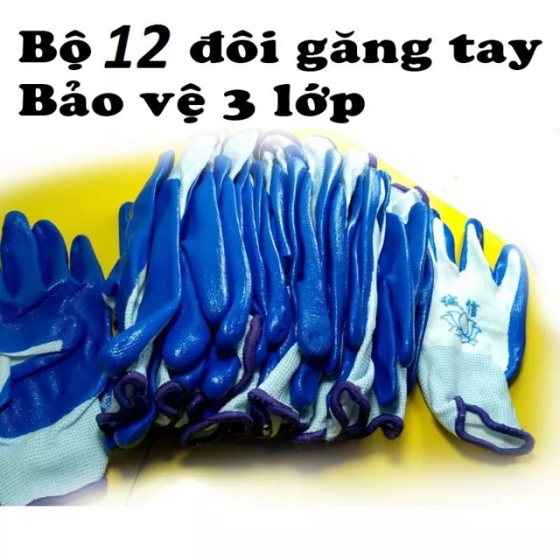 1 lố gang tay lao động phủ sơn màu xanh Găng tay bảo hộ lao động