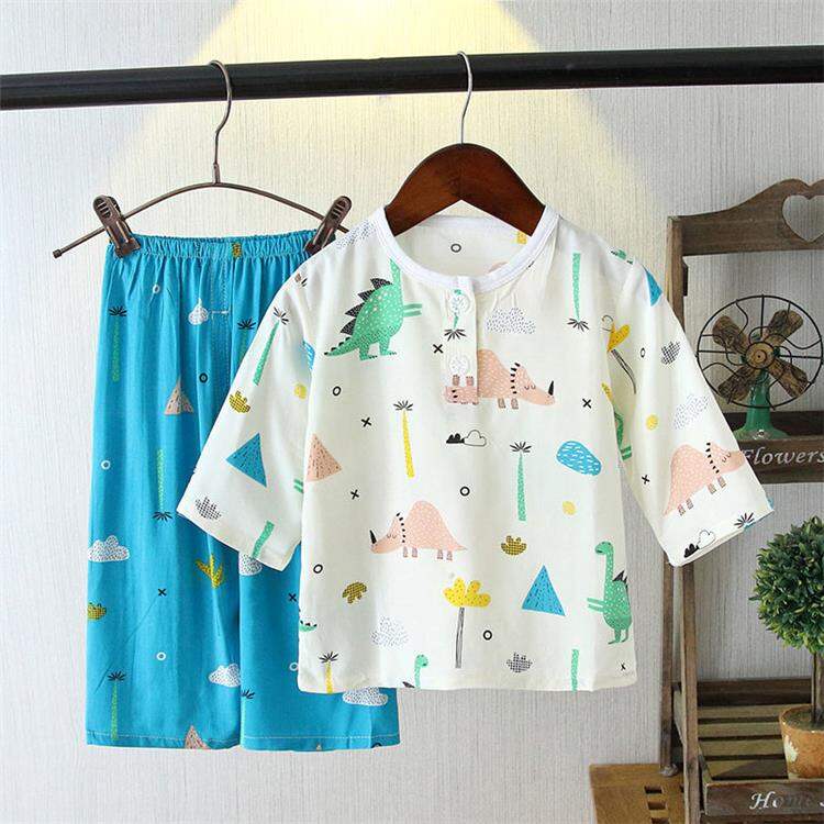 Đồ Ngủ Trẻ Em Lụa Cotton Mùa Hè Bộ Đồ Bé Trai Bộ Đồ Mặc Nhà Điều Hòa Bé Gái Mỏng Tay Dài Lụa Thô Bé Gái Em Bé