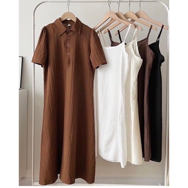 Váy polo cổ đức gân dáng dài xoè basic kèm váy 2 dây Pea Store (ảnh thật)
