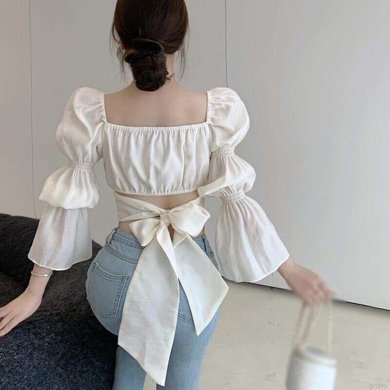 Áo croptop cột eo tay phồng chất voan mịn tiểu thư siêu hot