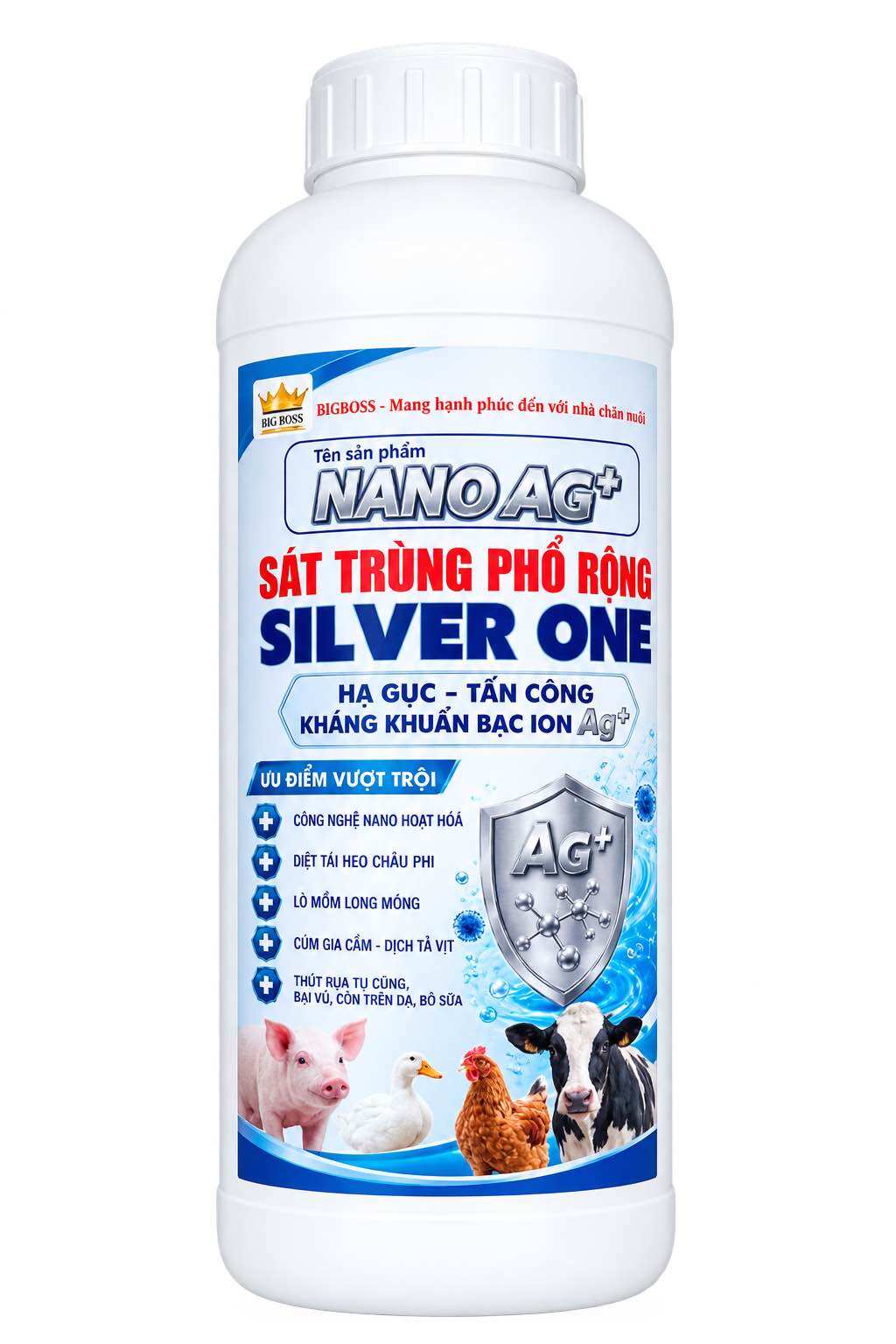 Sát trùng phổ rộng nano bạc 100PPM Big Boss dùng cho chuồng nuôi gà vịt heo bò dê