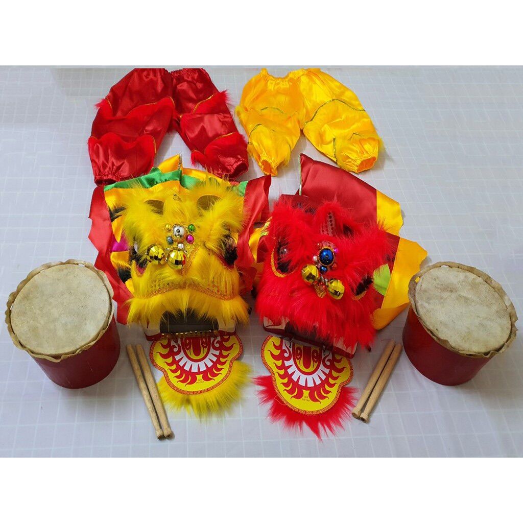 Múa lân sét bộ đầu đuôi quần trống da cho bé có đèn phát sáng