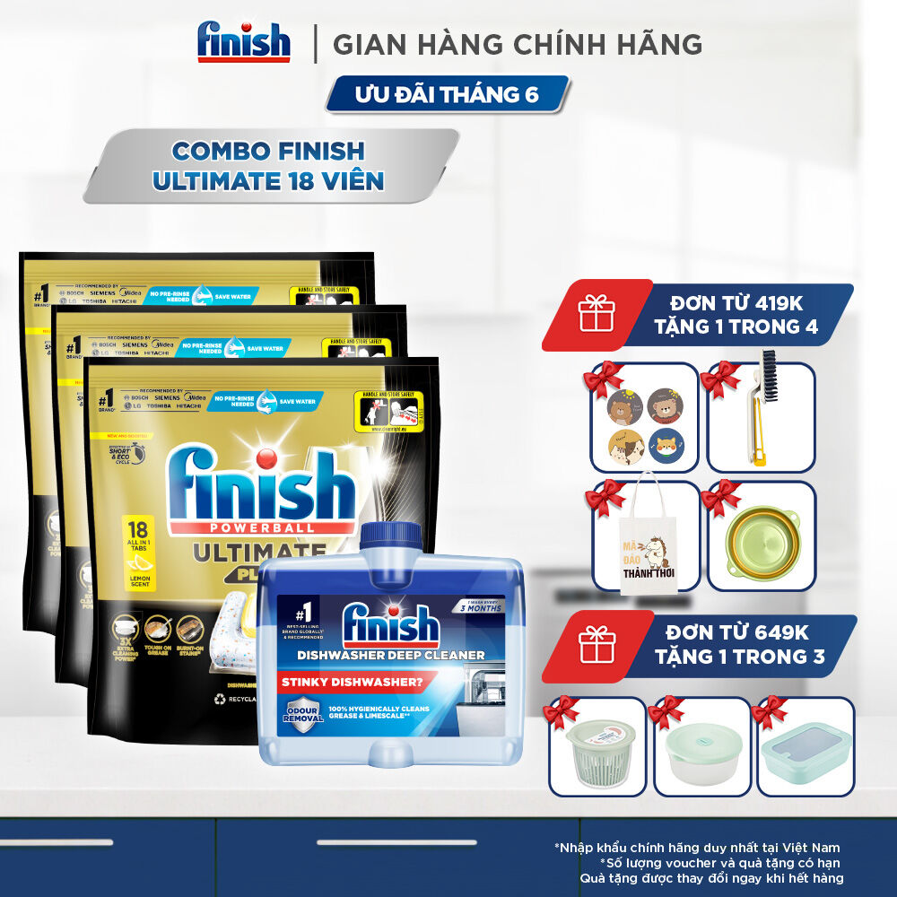 Combo 3 Túi Rửa Chén Bát Finish Powerball Ultimate Plus Intensive Lemon Sparkle 18 Viên + Dung Dịch Vệ Sinh Máy Finish 250ml