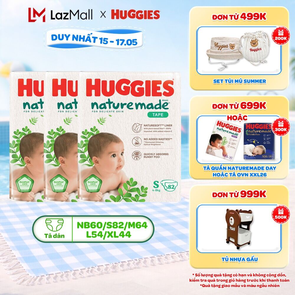 Combo 3 Tã/Bỉm dán Huggies NatureMade M64/L54/XL44