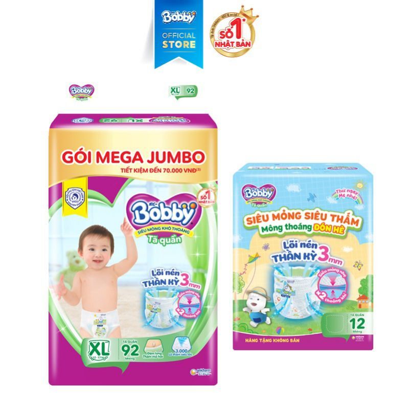 [Date 2026] Tã bỉm quần Bobby XL92, XL 92 miếng